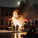Firefighters stand outside burning South Philly rowhome with fire truck and smoke pouring from open door