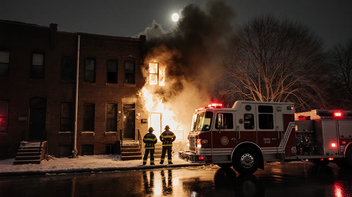 Firefighters stand outside burning South Philly rowhome with fire truck and smoke pouring from open door