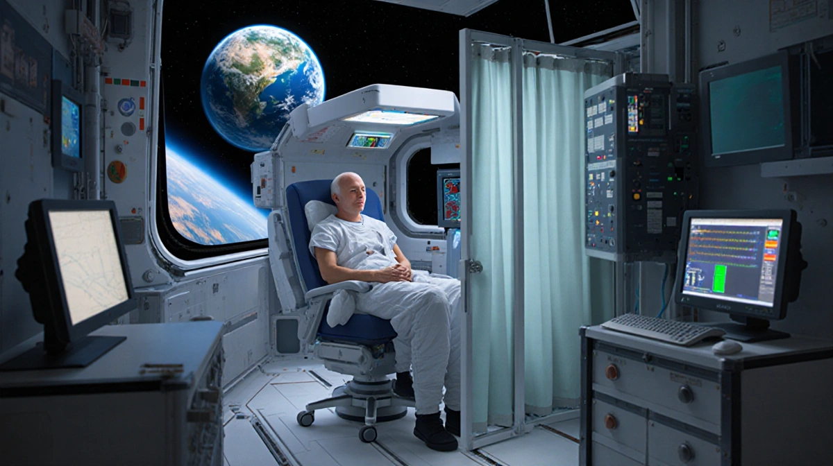 Astronaut sits in medical bay with monitors and Earth visible through window
