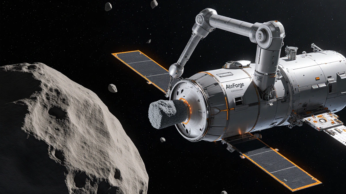 Futuristic spacecraft transferring bright orange processed material from asteroid with robotic arm against stars and debris