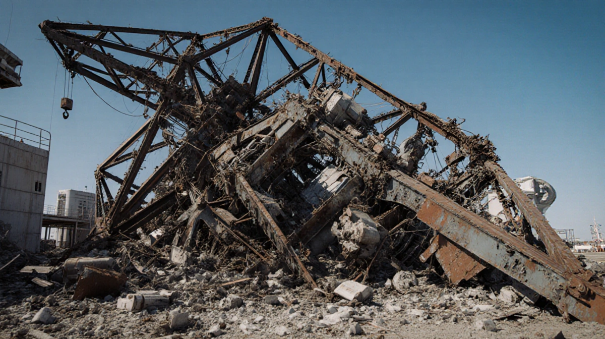 Collapsed crane lies on its side with rusted metal frame covered in dust and scattered debris against bright blue sky.