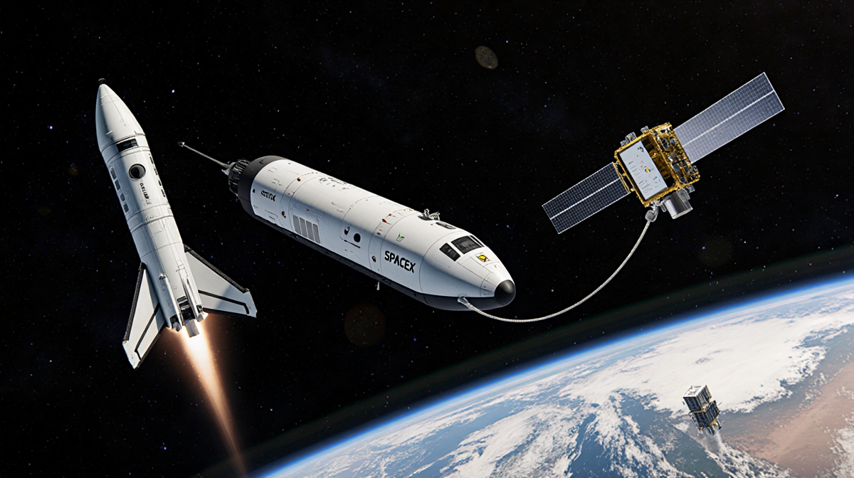 Starship V3 docks with a companion Starship using a sleek tether and a cluster of new Starlink satellites deploys behind them