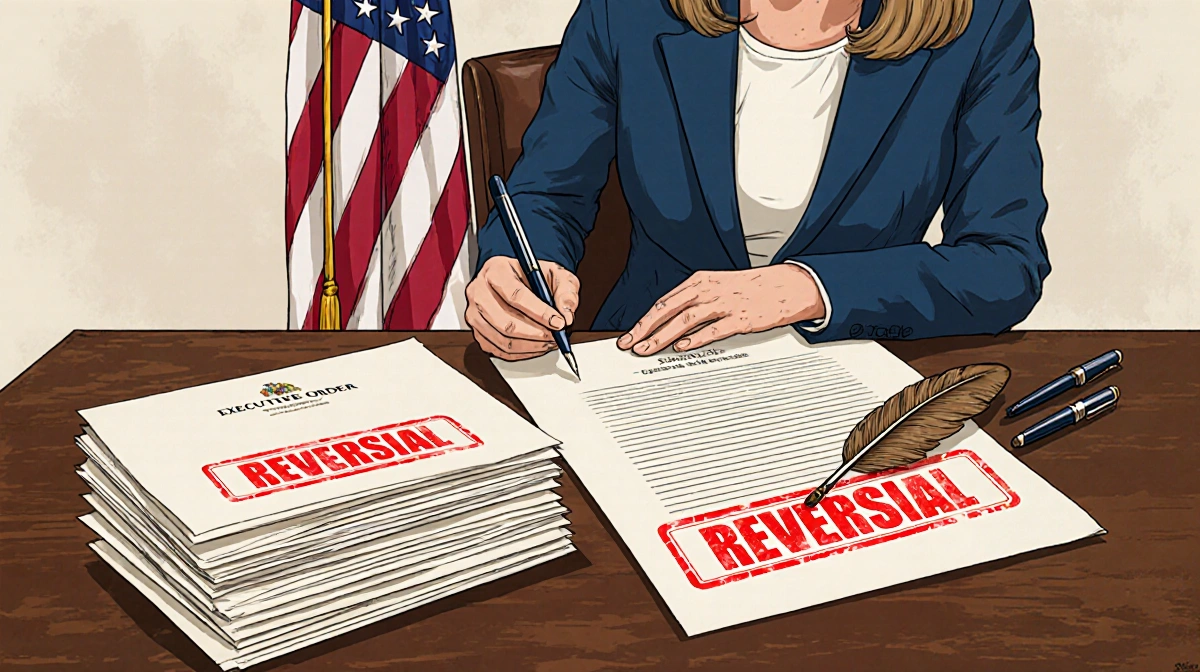 Abigail Spanberger signing executive orders at wooden desk with Virginia state flag behind her and stamped reversal documents