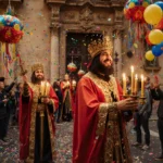 Spanish festival figures carrying golden candles with colorful piñatas and confetti near ornate doors.