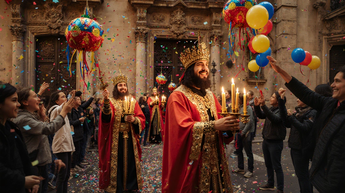 Spanish festival figures carrying golden candles with colorful piñatas and confetti near ornate doors.