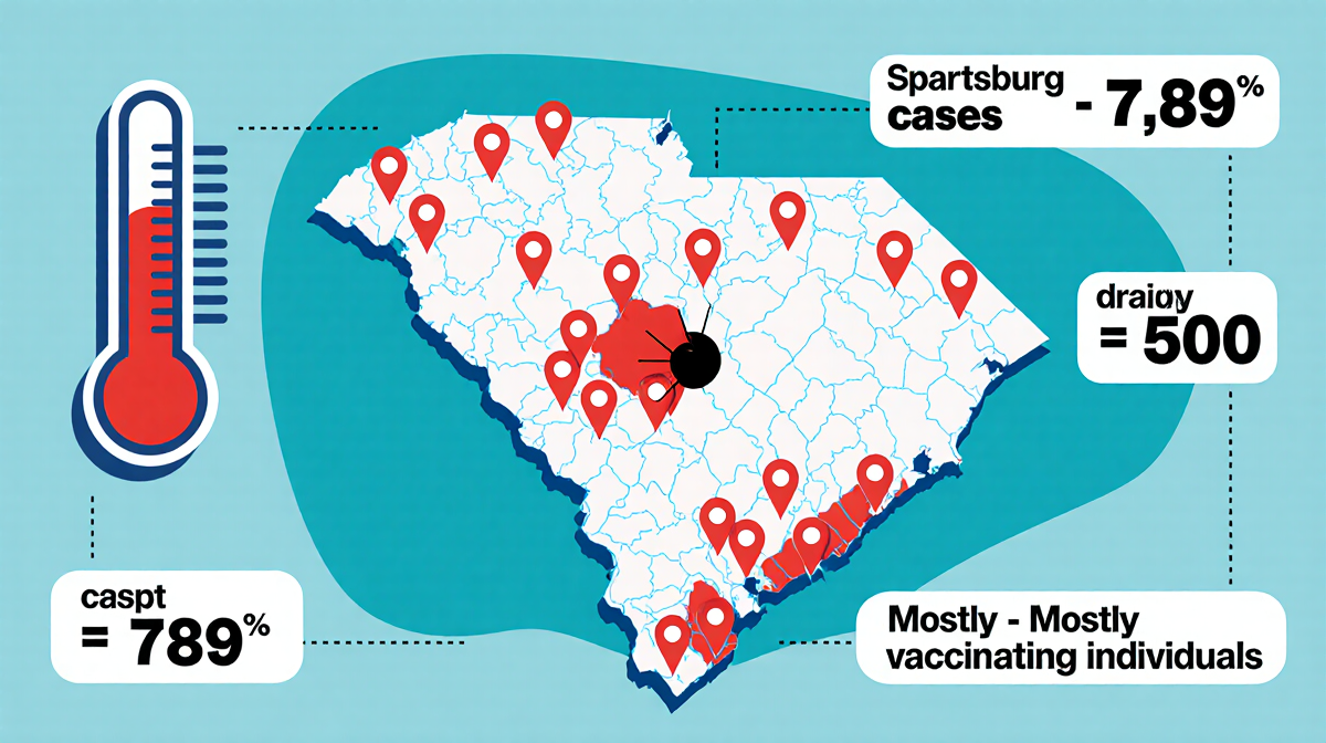 Infographic map of Spartanburg County shows outbreak hotspots with red pins and a rising thermometer indicating 789 cases