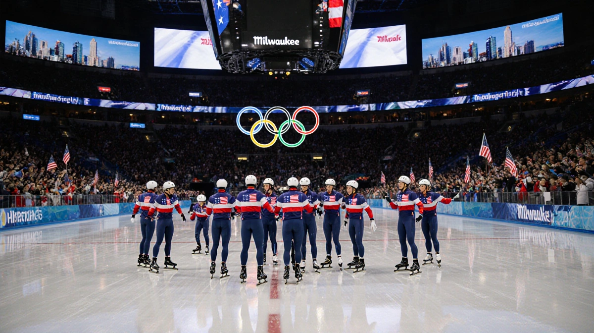 Speed skaters gather on shiny ice with arena lights reflecting and Olympic rings on scoreboard as Milwaukee fans cheer