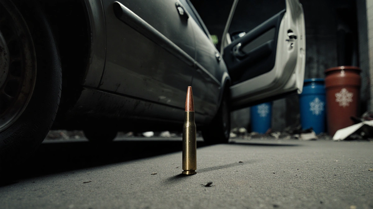 Spent bullet shell lies near parked car with door slightly open and alley debris visible