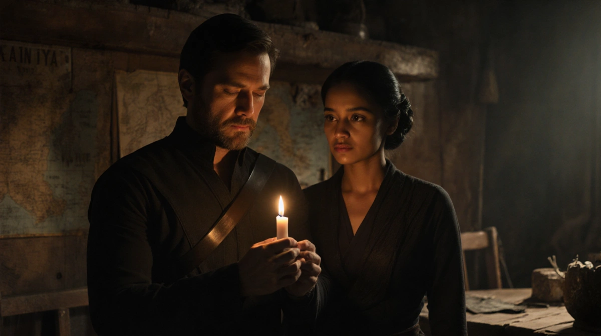 Cassian holds a flickering candle symbolizing hope with Niya looking trustfully at him in a dimly lit room of spy relics