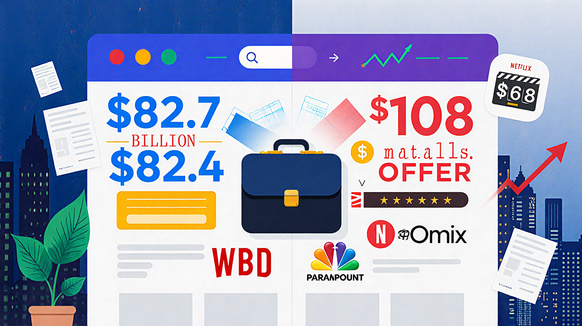 Illustration splits into two halves showing $82.7B and $108B numbers with briefcase between.