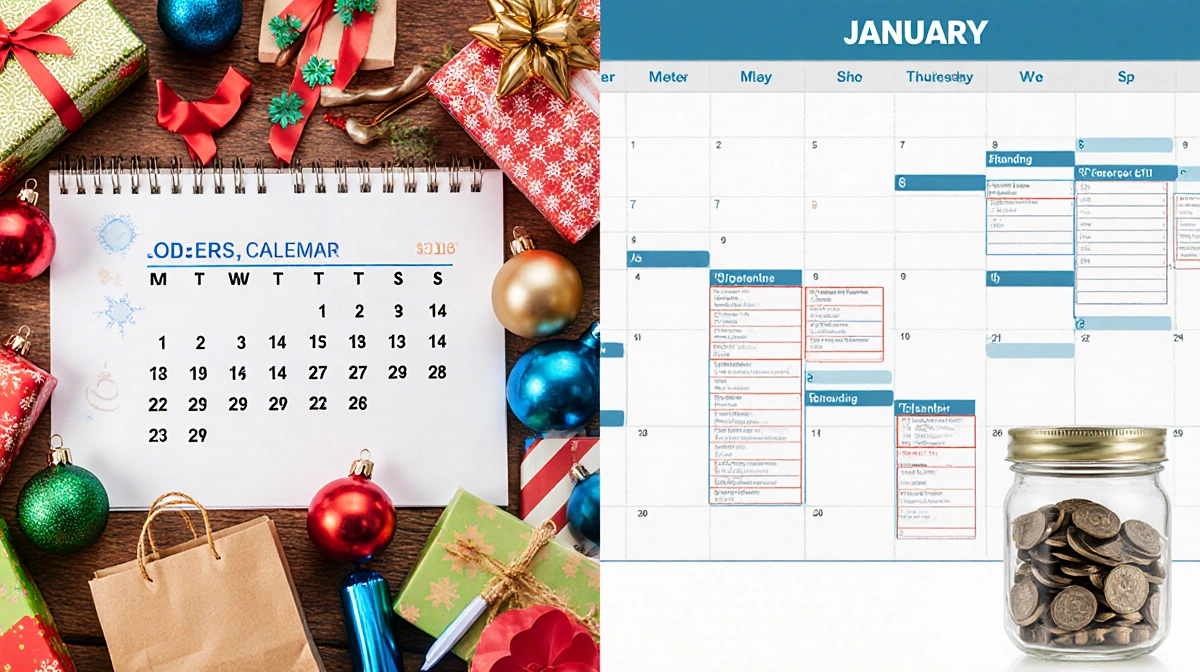 Split-screen calendar shows festive December with gift wrapping and shopping bags and January with budget sheets savings jar