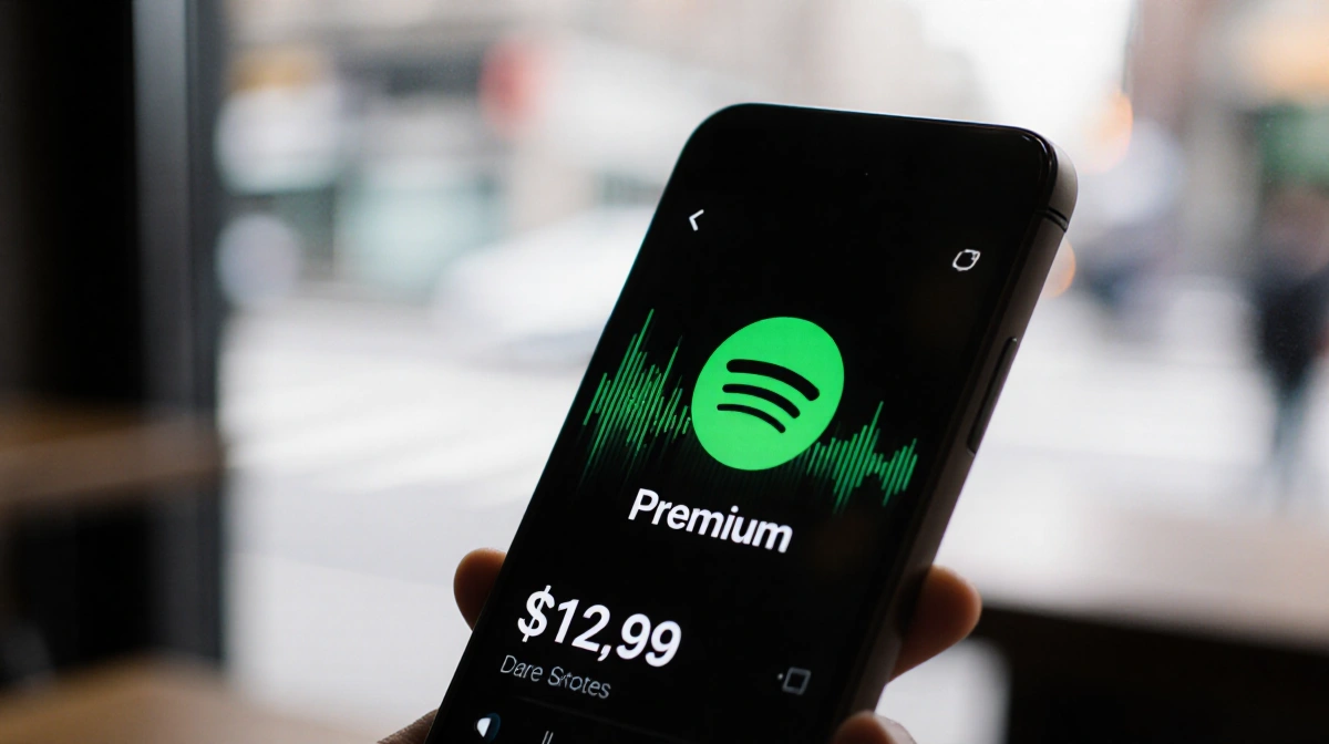 Smartphone shows Spotify Premium with $12.99 price tag and music waveform near blurred city background