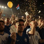 Disappointed fan holding torn ticket with celebrating crowd and confetti in packed stadium