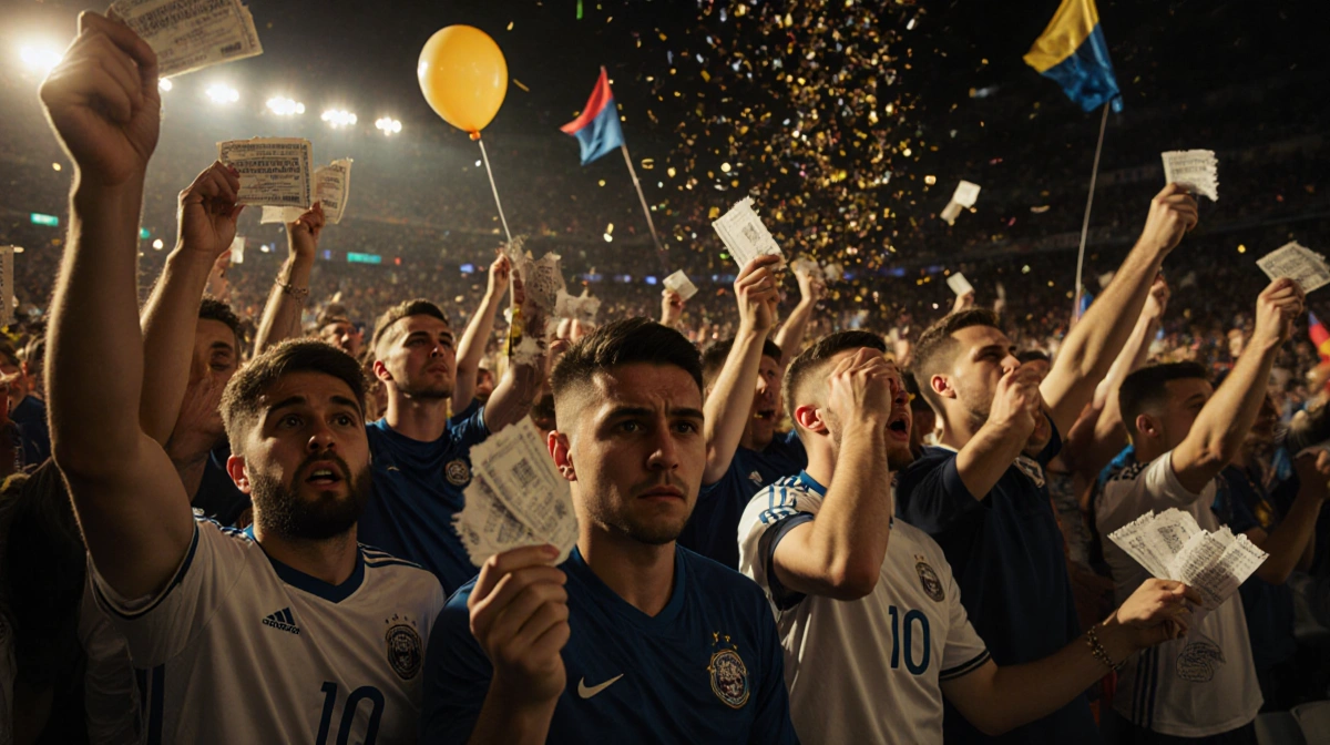 Disappointed fan holding torn ticket with celebrating crowd and confetti in packed stadium
