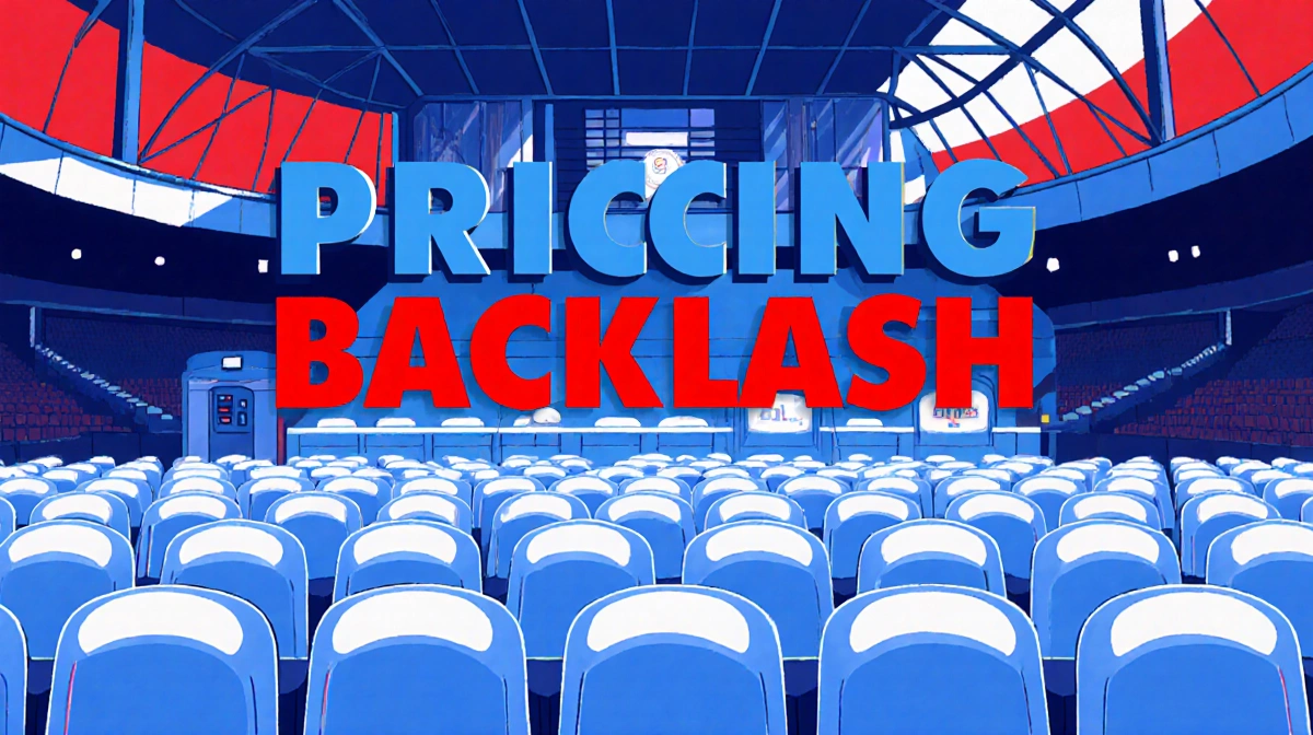 Stadium seats sit empty in foreground with luxury suites blurred behind and Pricing Backlash text showing premium ticket pric