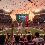 Fans celebrating in packed stadium with Miami vs Indiana championship logo on giant screen and confetti falling