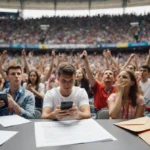 Hopeful fans looking at phones with empty envelopes and ticket form on table