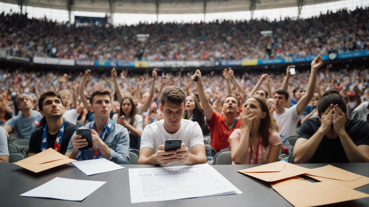 Hopeful fans looking at phones with empty envelopes and ticket form on table