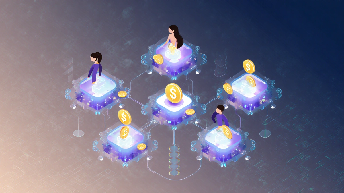 Users exchanging virtual money with glowing blockchain nodes and subtle pulsing gradients