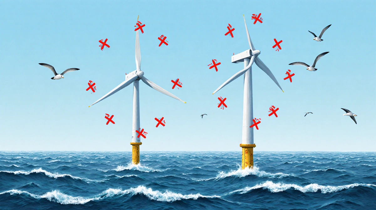 Two still wind turbines stand in ocean water with red X marks and seagulls flying away showing stalled offshore wind energy p