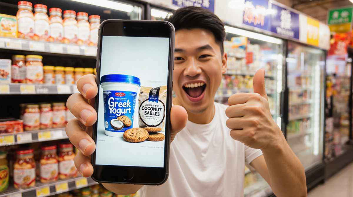 TikToker Stan Fukase holds a Greek yogurt container and points to a bag of coconut sables with an Asian grocery backdrop.