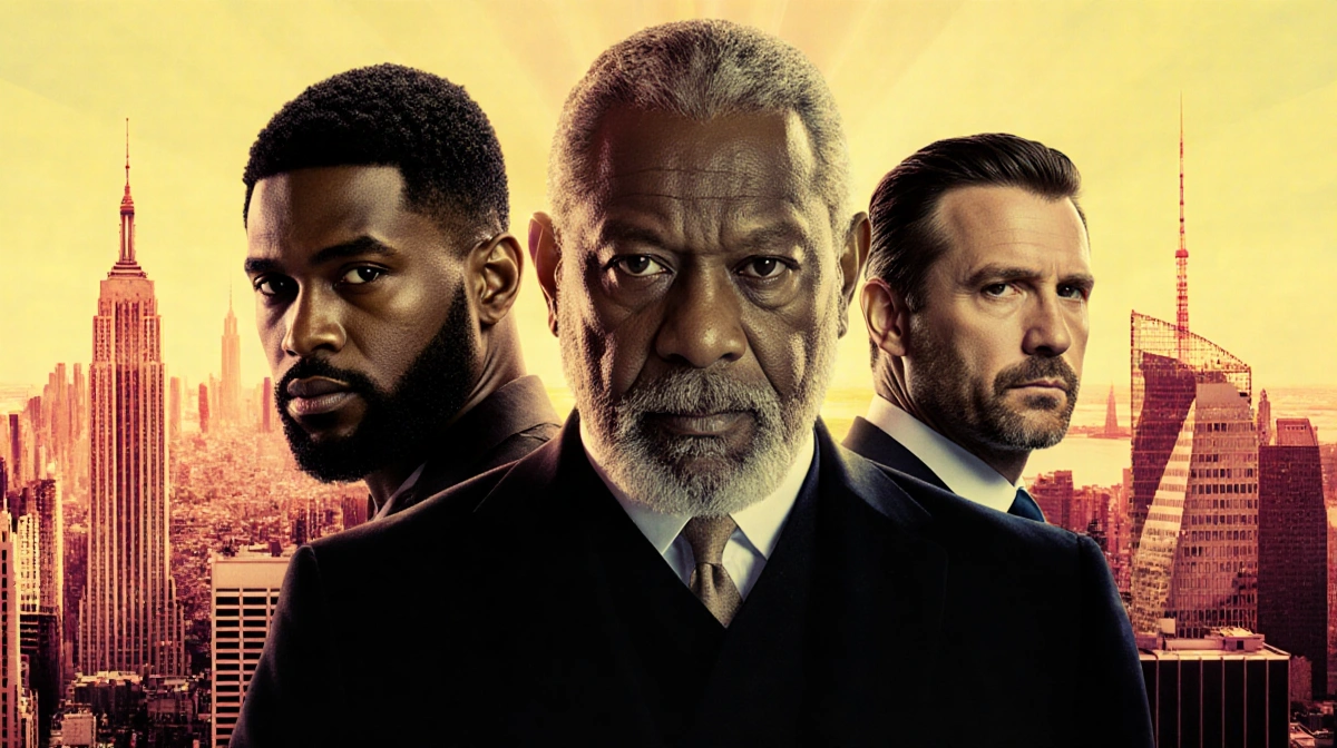 Yahya Abdul-Mateen II Ben Kingsley and Zlatko Burić pose together with a city skyline and film noir lighting.