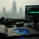 Cracked Star Wars Racer Revenge disc lies open on cluttered gaming desk with foggy cyberpunk city in background and flickerin