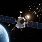 Starlink satellite gleaming with solar panels and antennae against dark sky with faint blue Earth and twinkling swarm