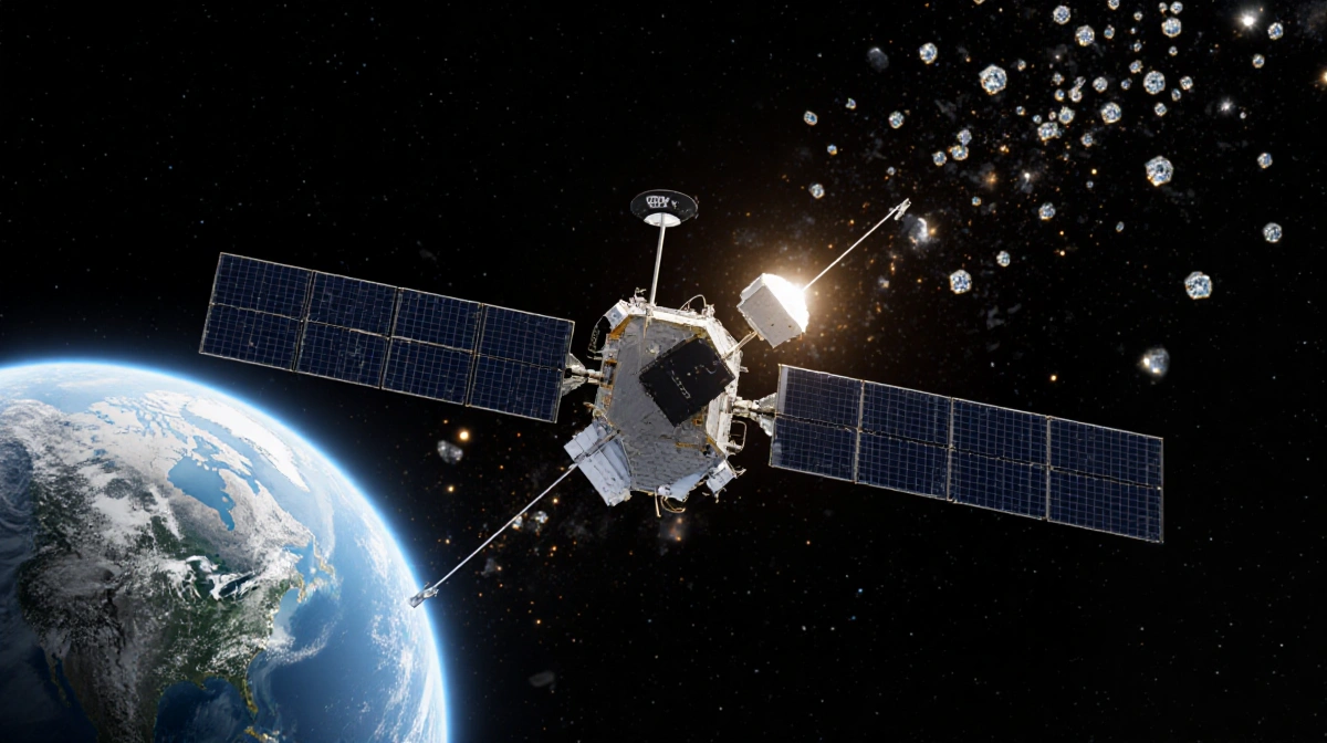 Starlink satellite gleaming with solar panels and antennae against dark sky with faint blue Earth and twinkling swarm