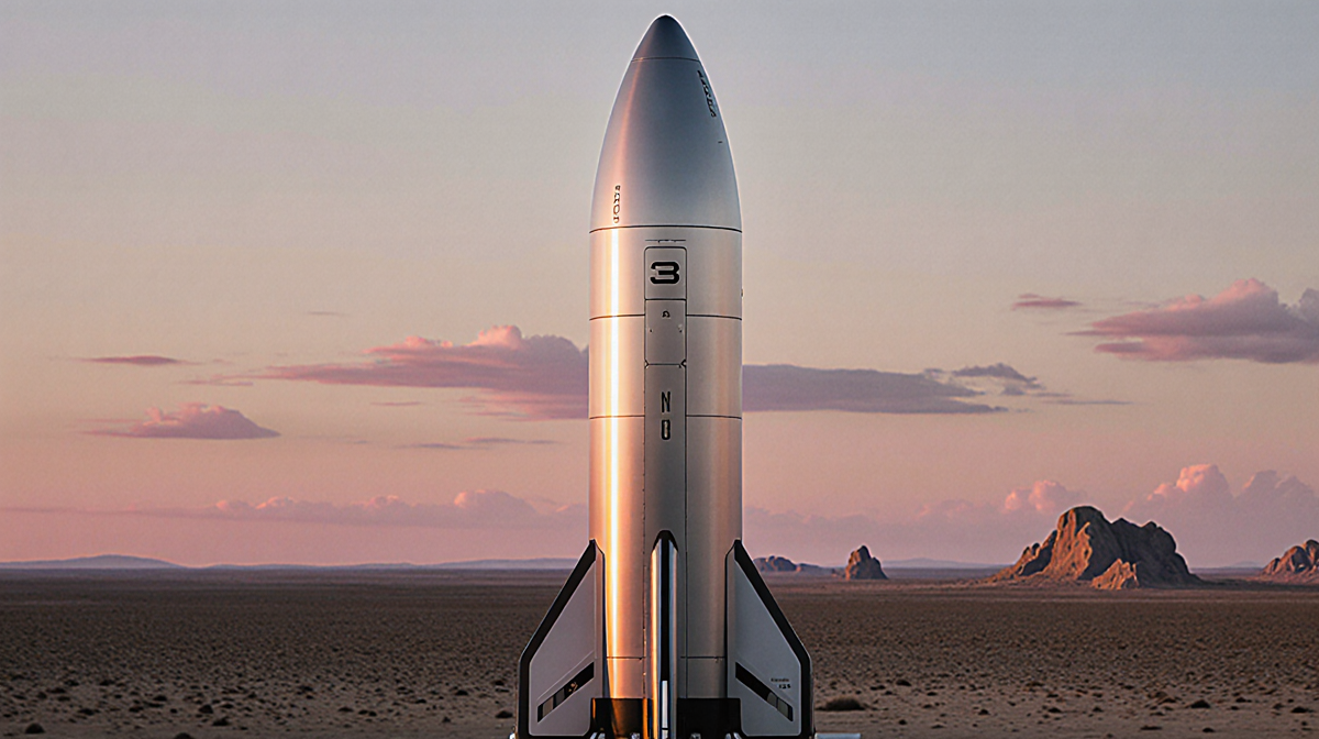 Silver Starship rocket stands proudly on launchpad with sunset glow and desert horizon.