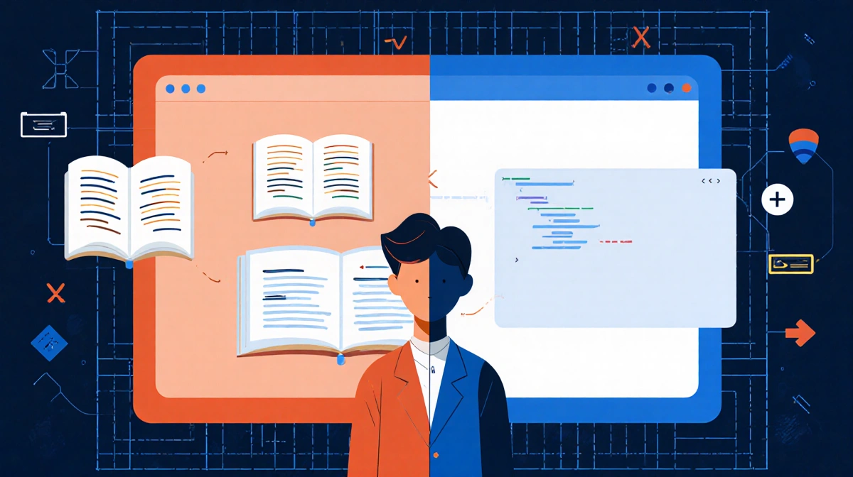 Person stands between vintage codebooks and modern screens with hybrid outfit showing startup adaptability