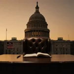 Wooden desk with pen and open notebook sits before state capitol at dusk with protest signs visible behind