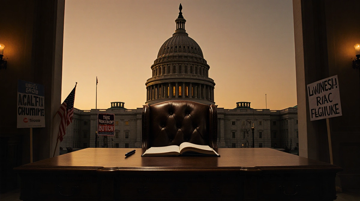 Wooden desk with pen and open notebook sits before state capitol at dusk with protest signs visible behind