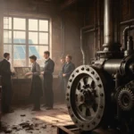 Diverse engineers working together with vintage steam engine and modern control panel showing renewable energy