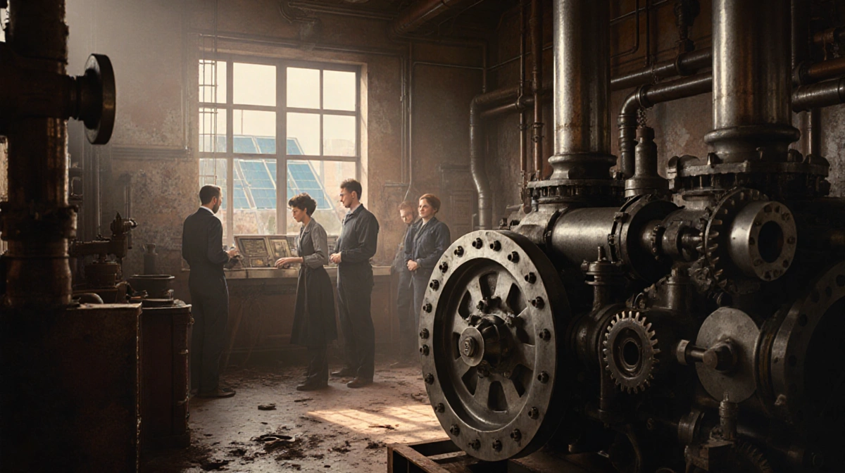 Diverse engineers working together with vintage steam engine and modern control panel showing renewable energy
