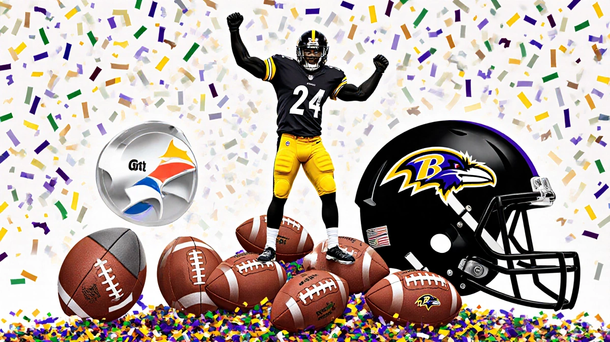 Pittsburgh Steelers celebrating atop a stack of footballs with Steelers logo and Ravens logo in background playoff victory