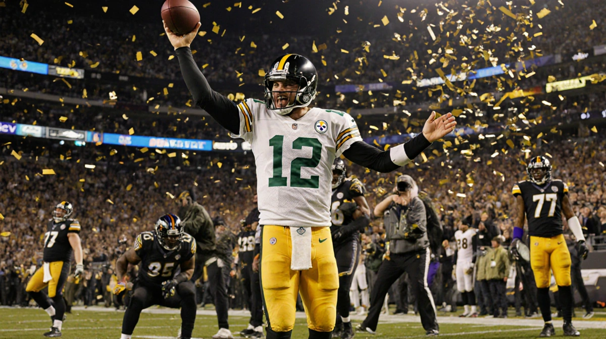 Aaron Rodgers holding the ball aloft with confetti raining and ecstatic Steelers fans cheering in the stadium.