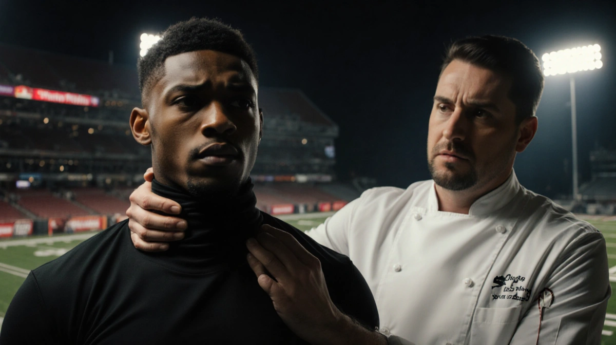 Stefon Diggs standing with a chef gripping his throat and fear in the chef