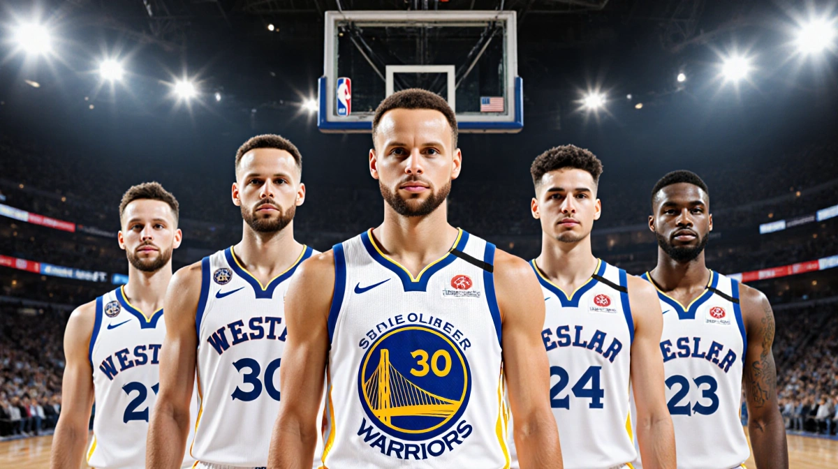 Stephen Curry stands at center court with NBA All-Star teammates showing jersey numbers and Western Conference logo behind th