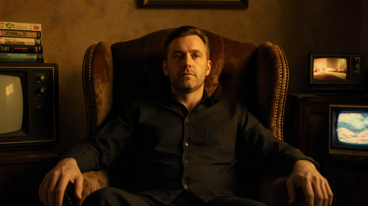 Stephen Graham sits in worn armchair with vintage TVs and VHS tapes showing nostalgic glow