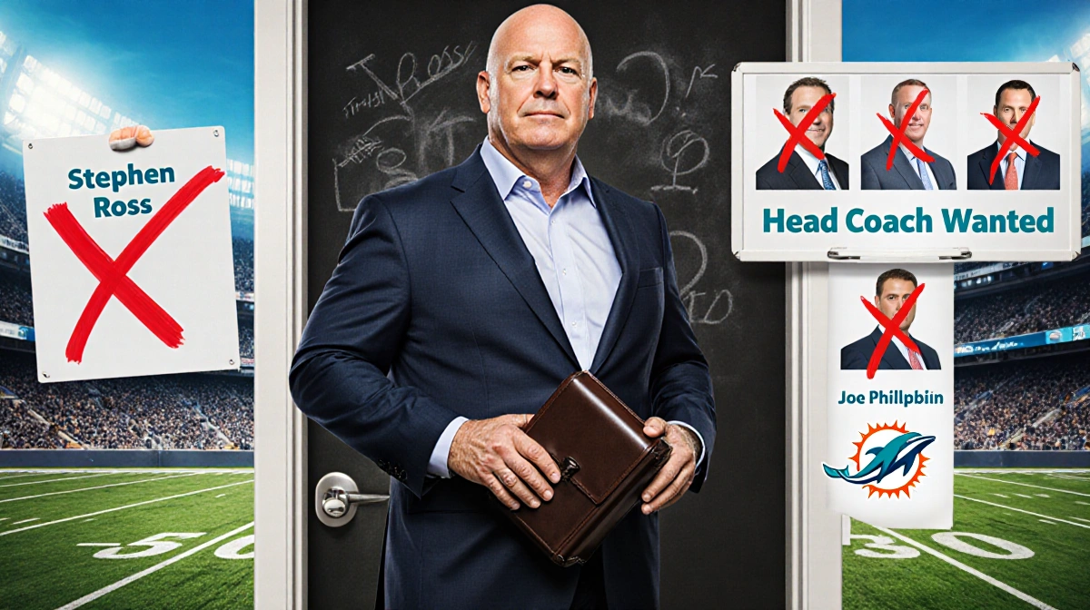 Stephen Ross stands on Miami Dolphins field with briefcase and Head Coach Wanted sign showing past coaches crossed out