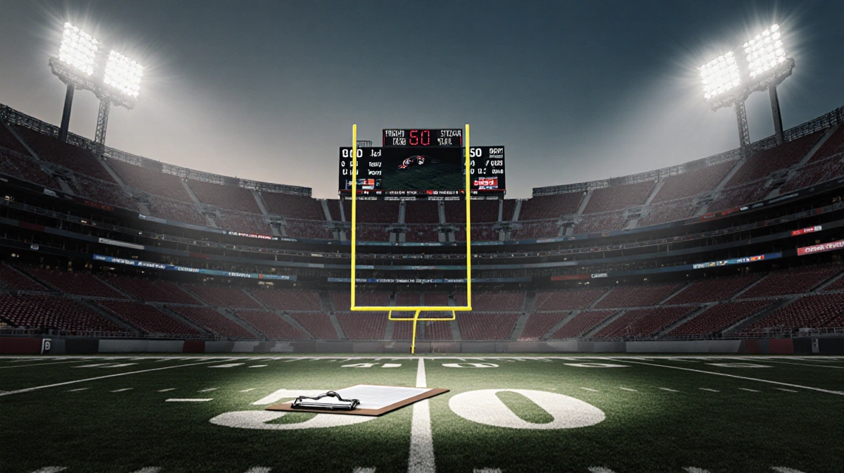 Lone spotlight illuminates quarterback's clipboard on football field with empty stadium seats and goal posts visible