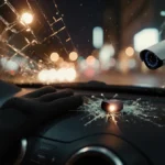 A thief has stolen a radar sensor from a car dashboard with shattered glass and gloves on the floor showing the crime scene