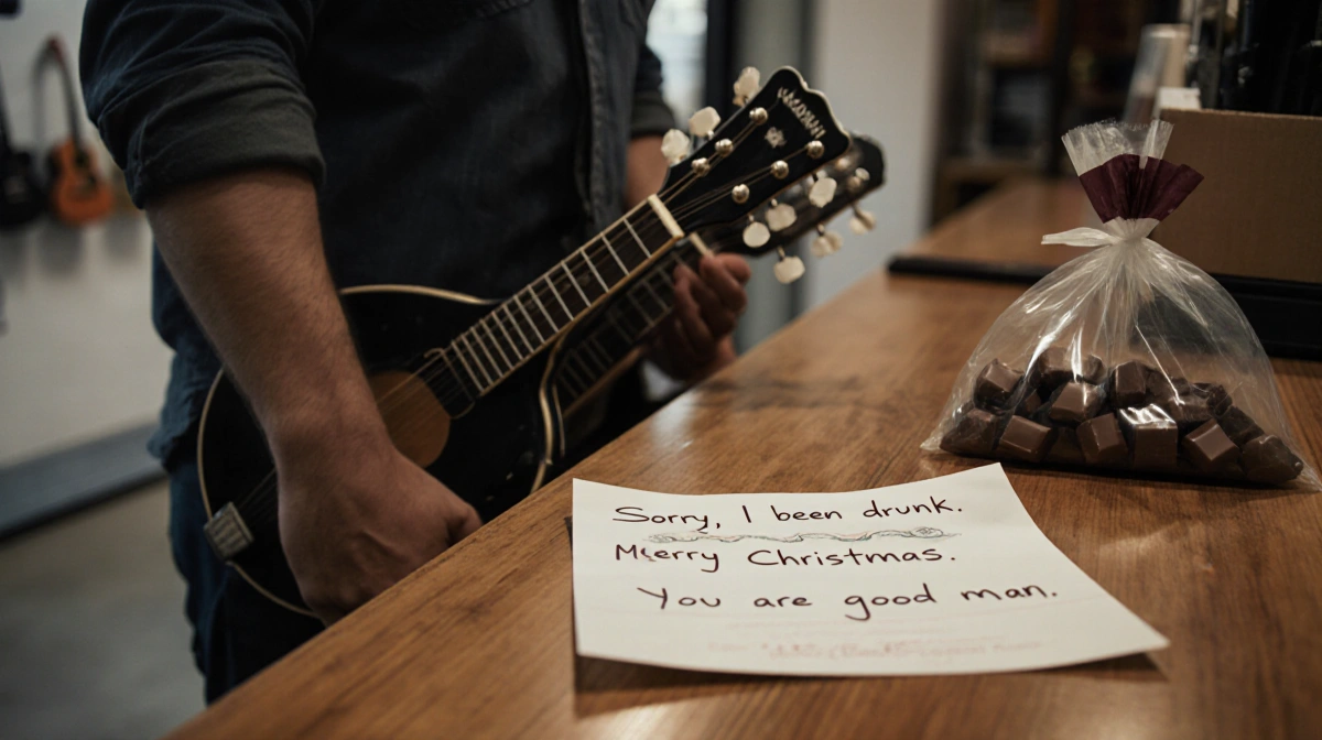 Man returning stolen mandolins to music shop with handwritten note and chocolate bag beside counter