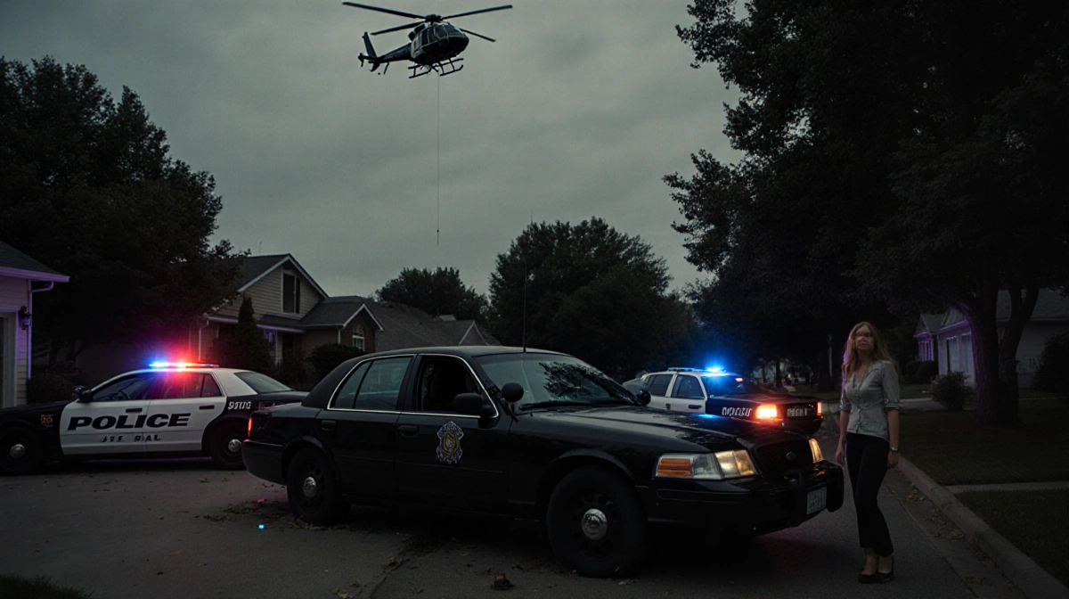 Woman standing near abandoned stolen car with police cars and hovering helicopter above driveway