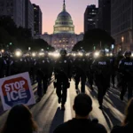 ICE officers march through city street with flashlights and protestors holding Stop ICE signs under a federal building.