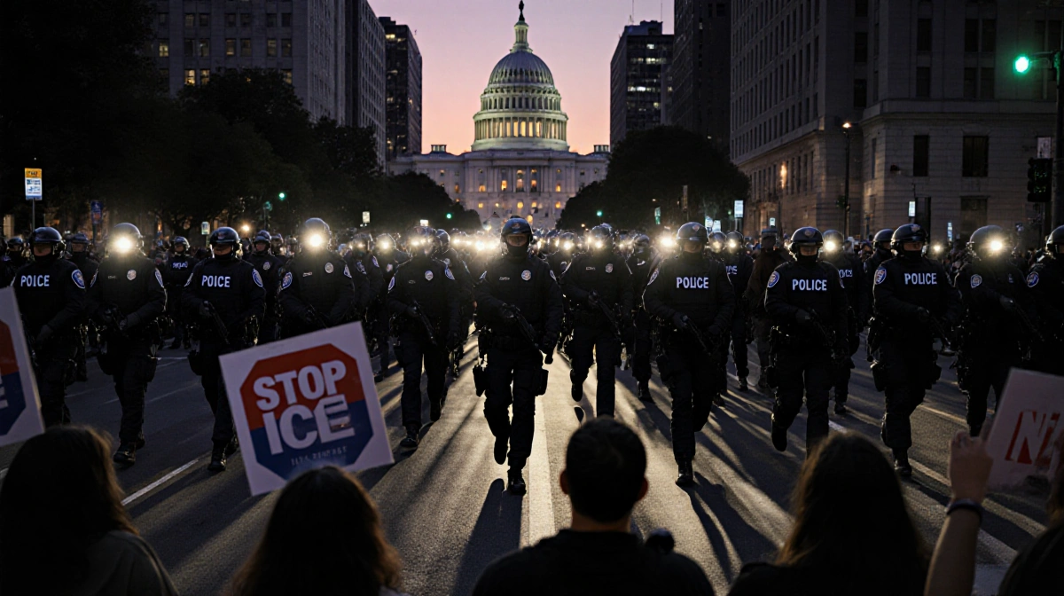 ICE officers march through city street with flashlights and protestors holding Stop ICE signs under a federal building.
