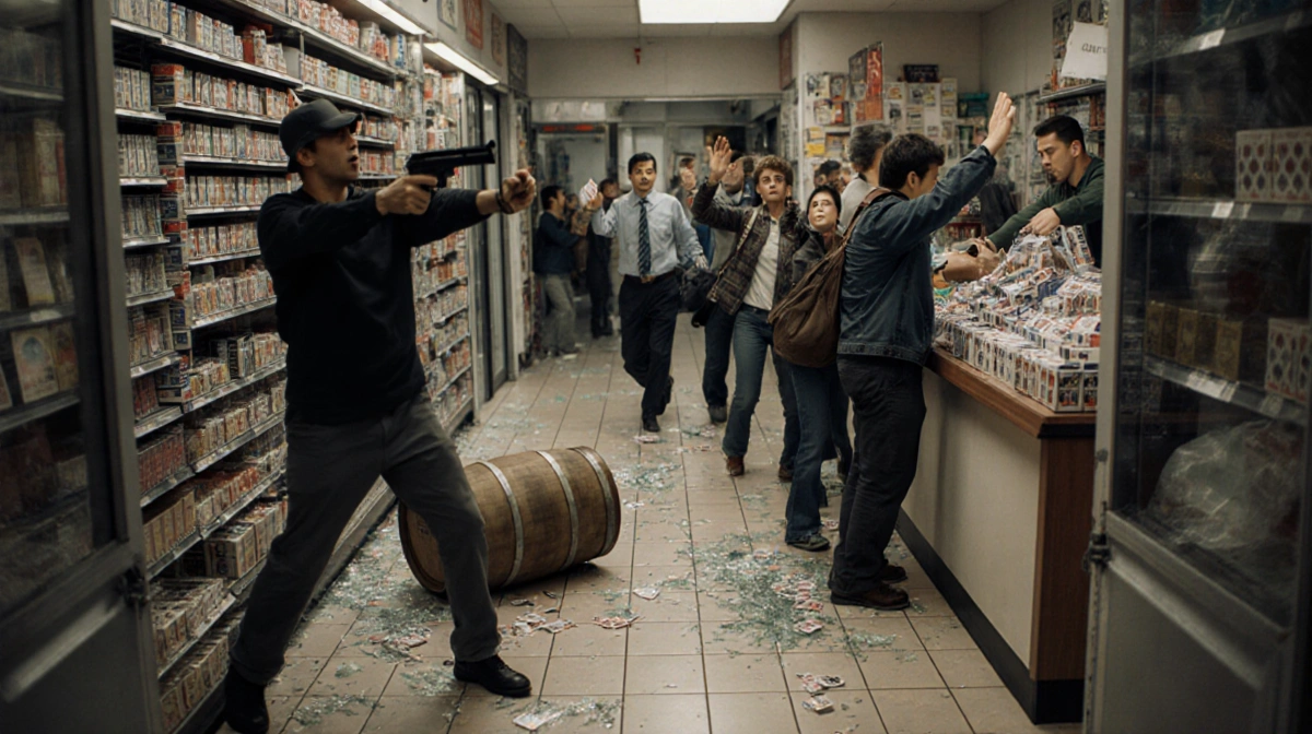 Armed robber sweeping through store with customers raising hands and glass on floor