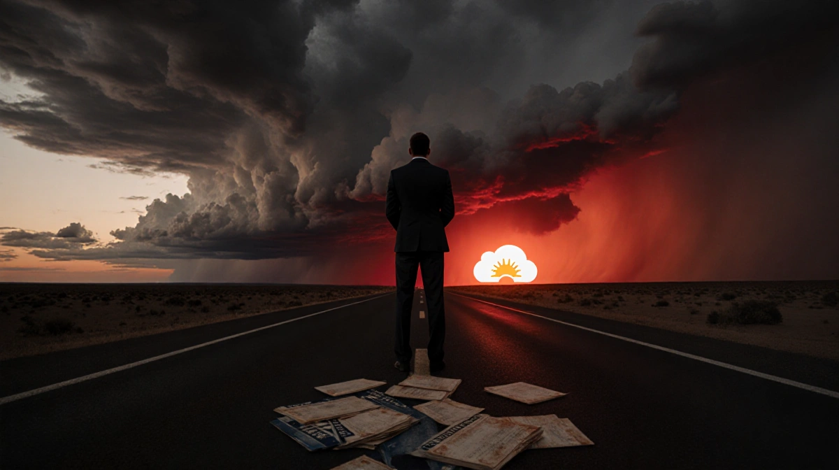 Businessman studies storm clouds with Cloudflare logo glowing and government documents scattered at his feet