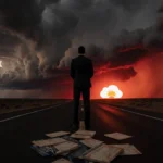 Businessman studies storm clouds with Cloudflare logo glowing and government documents scattered at his feet